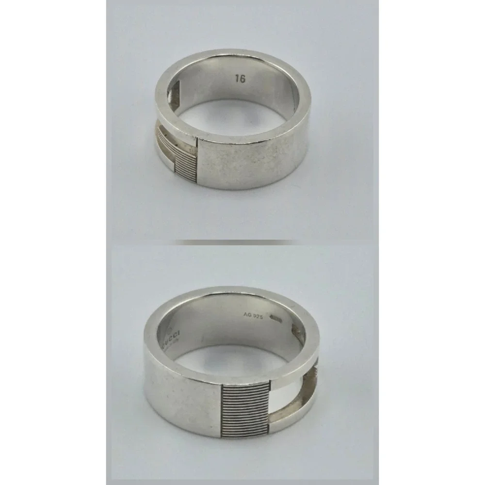 Gucci G Motif Cut Out Ring Sterling Silver 925 Striped Band Size 16 US 7.5